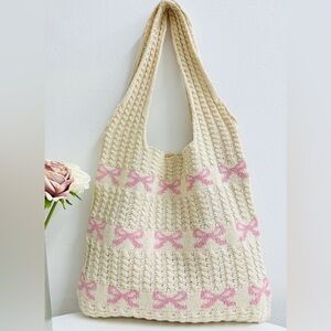 Zenana Cream Tote with Pink Bow Accents - NEW